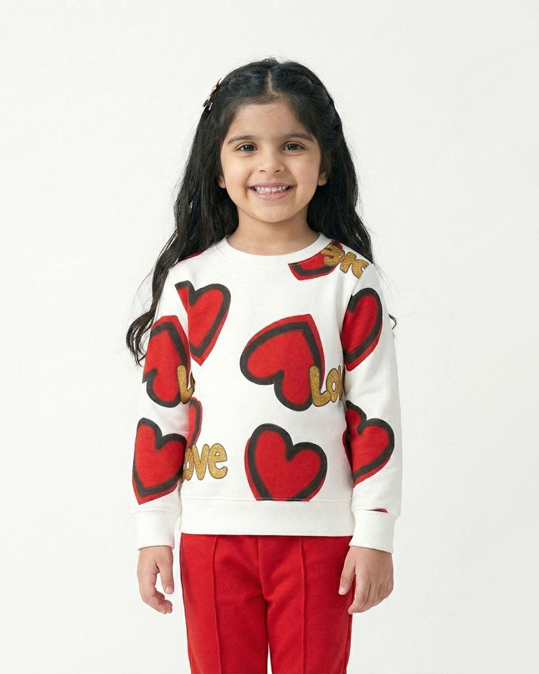 Girls Red Heart Print Sweatshirt & Jogger Set