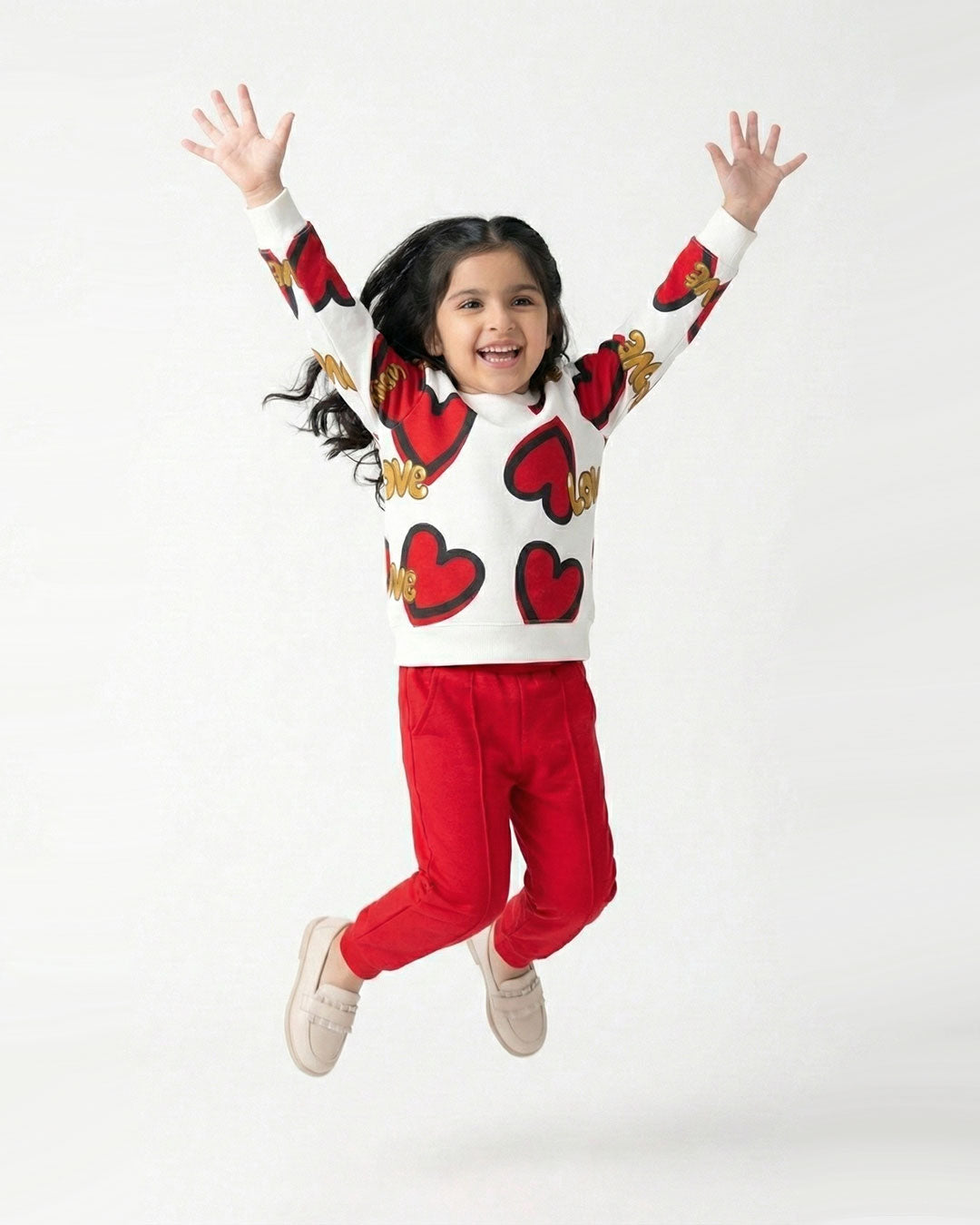 Girls Red Heart Print Sweatshirt & Jogger Set