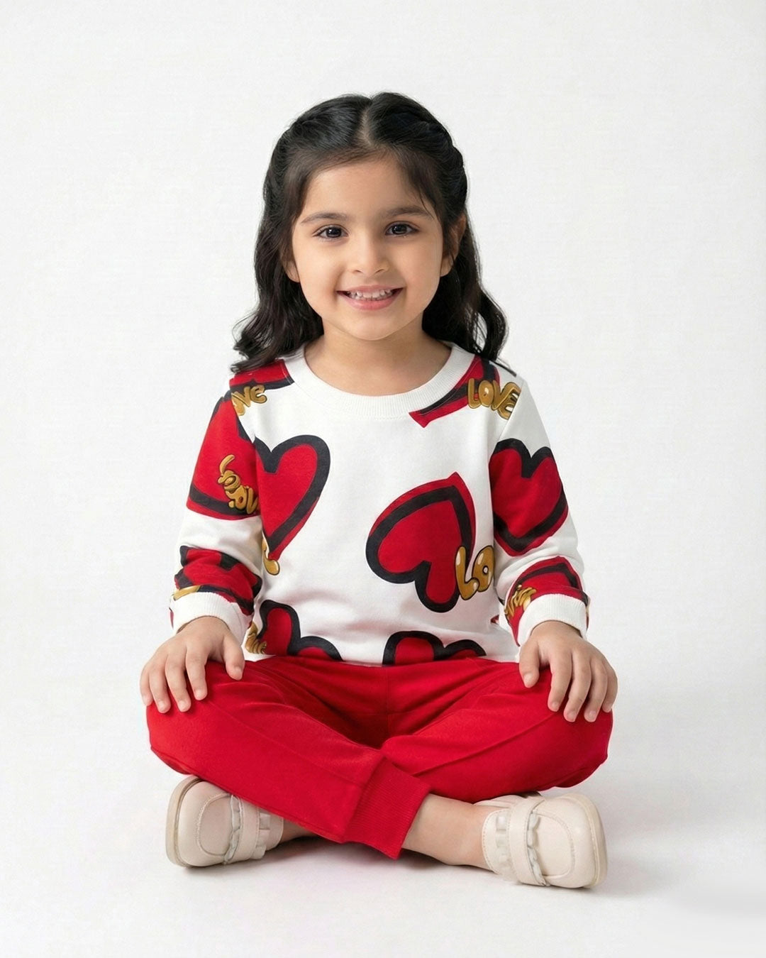 Girls Red Heart Print Sweatshirt & Jogger Set