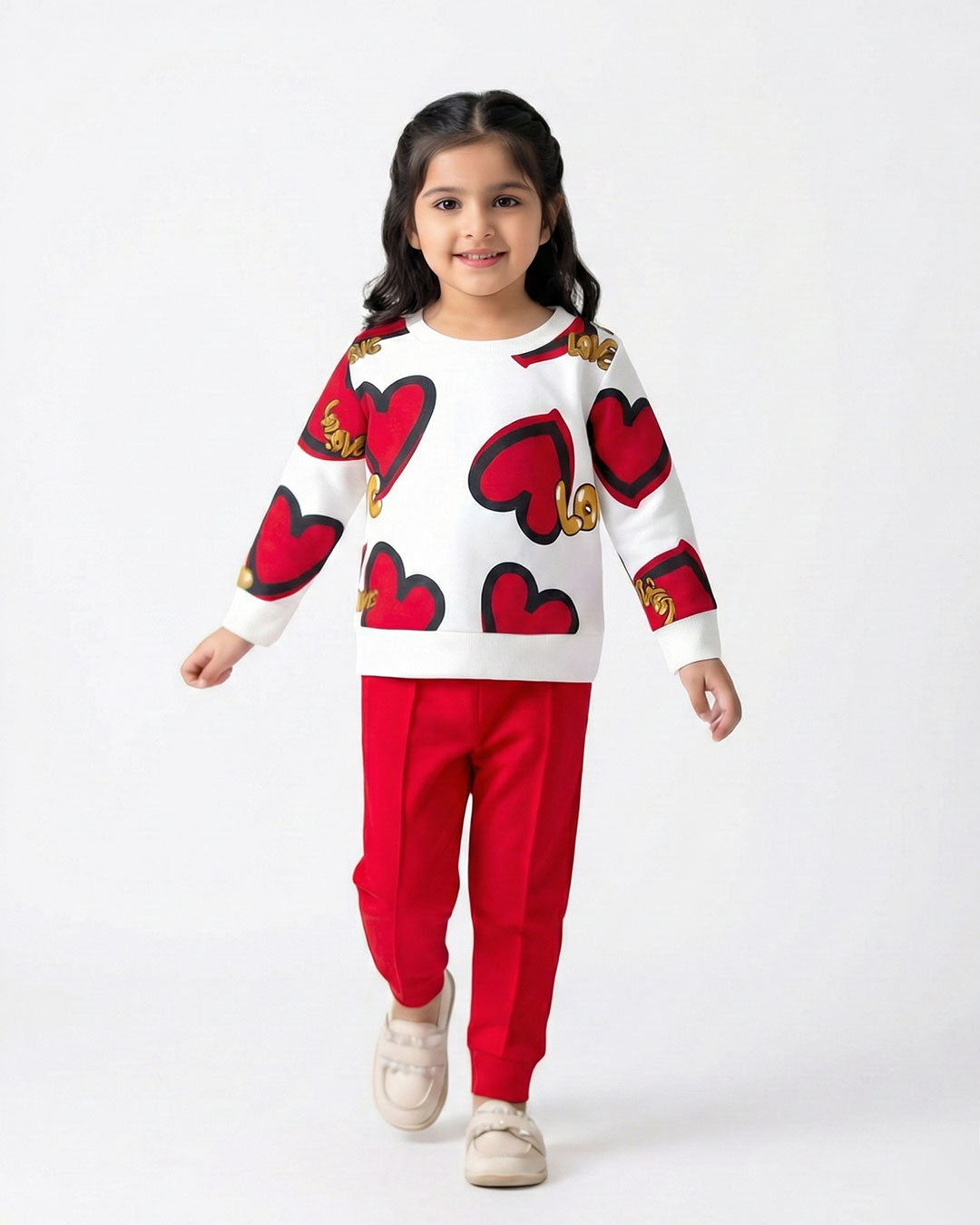 Girls Red Heart Print Sweatshirt & Jogger Set