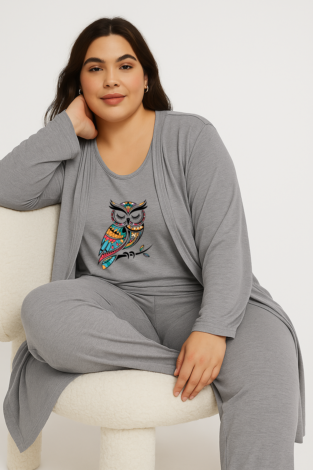Women’s 3 Piece Nightwear Lounge Set with Owl Print | Plus Size Loungewear