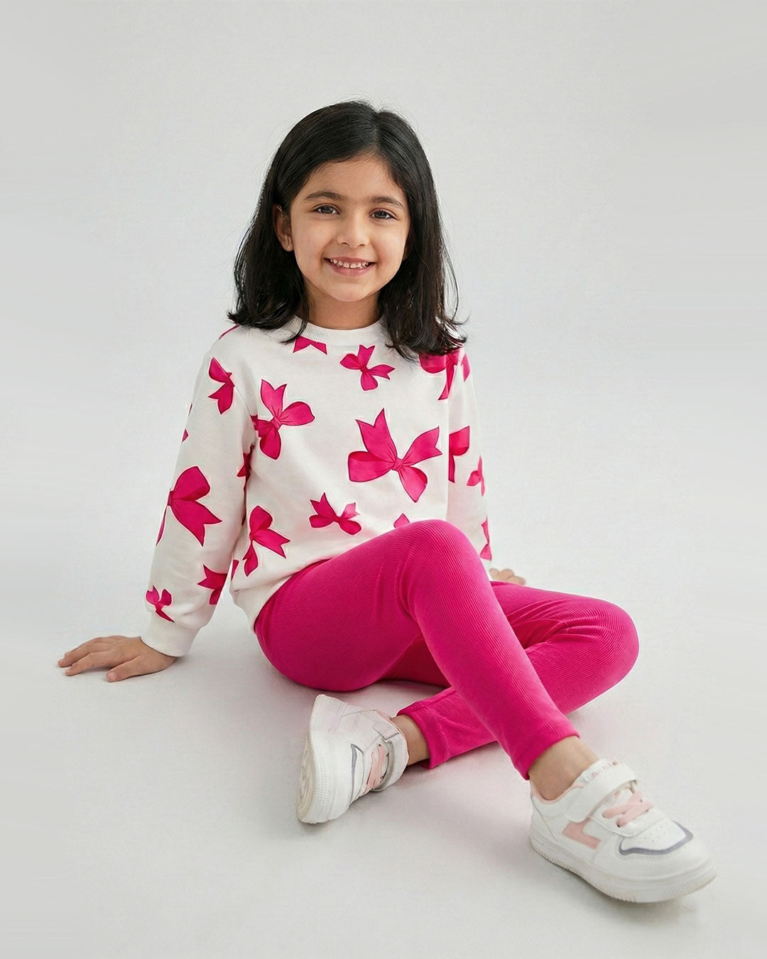 Girls Pink Bow Print Sweatshirt & Leggings Set