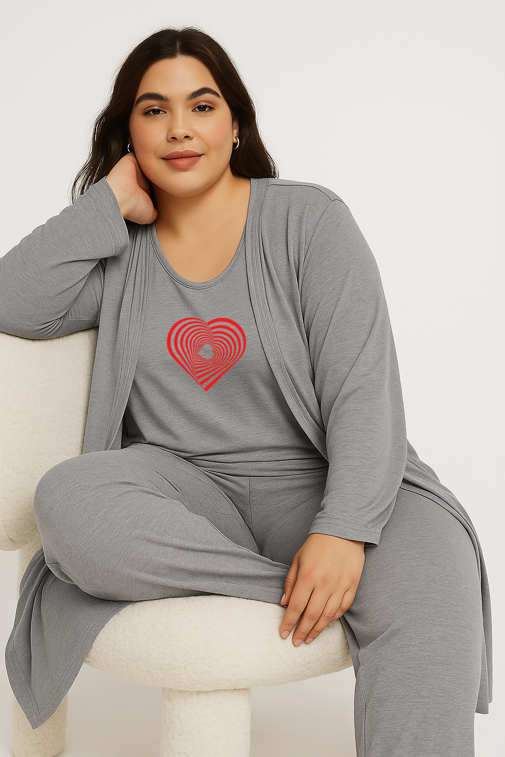 Women’s 3 Piece Nightwear Lounge Set with Gemetrical Heart Print | Plus Size Loungewear