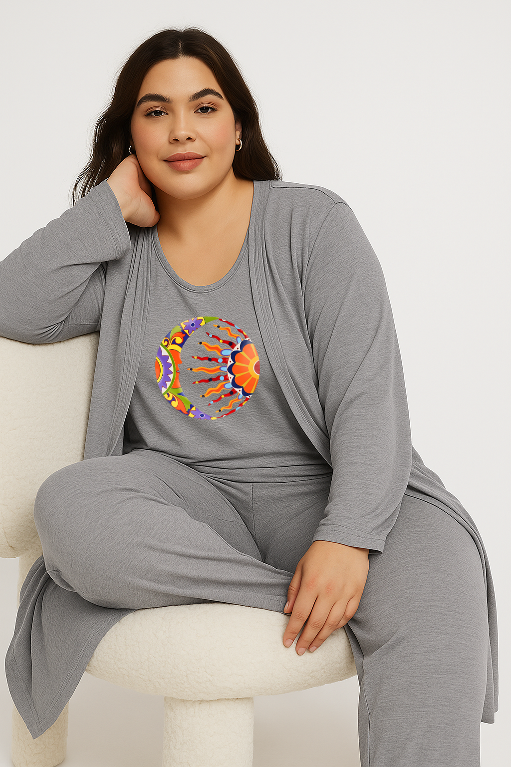Women’s 3 Piece Nightwear Lounge Set with Moon &amp; Sun Print | Plus Size Loungewear