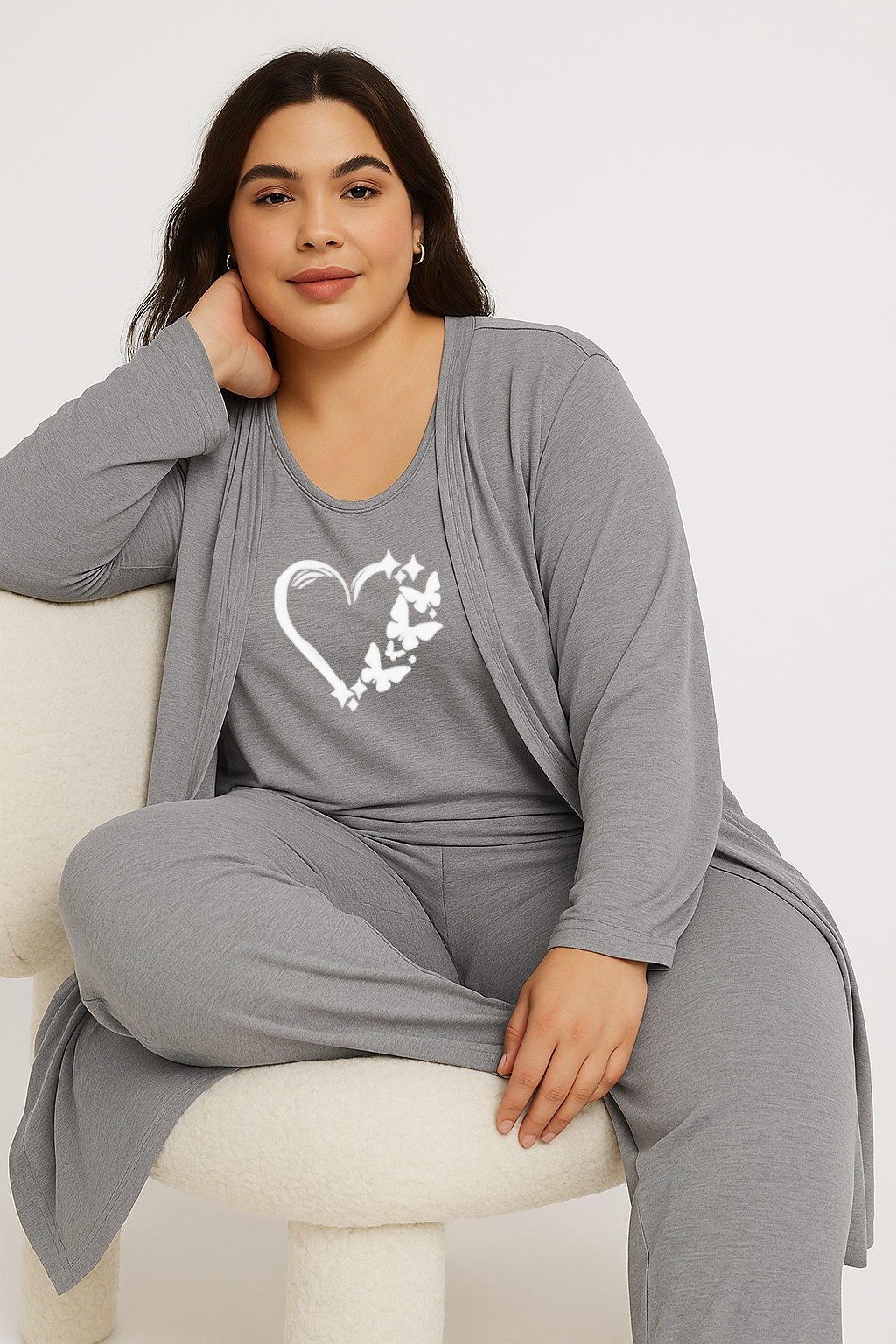 Women’s 3 Piece Nightwear Lounge Set with Butterfly Love Print | Plus Size Loungewear