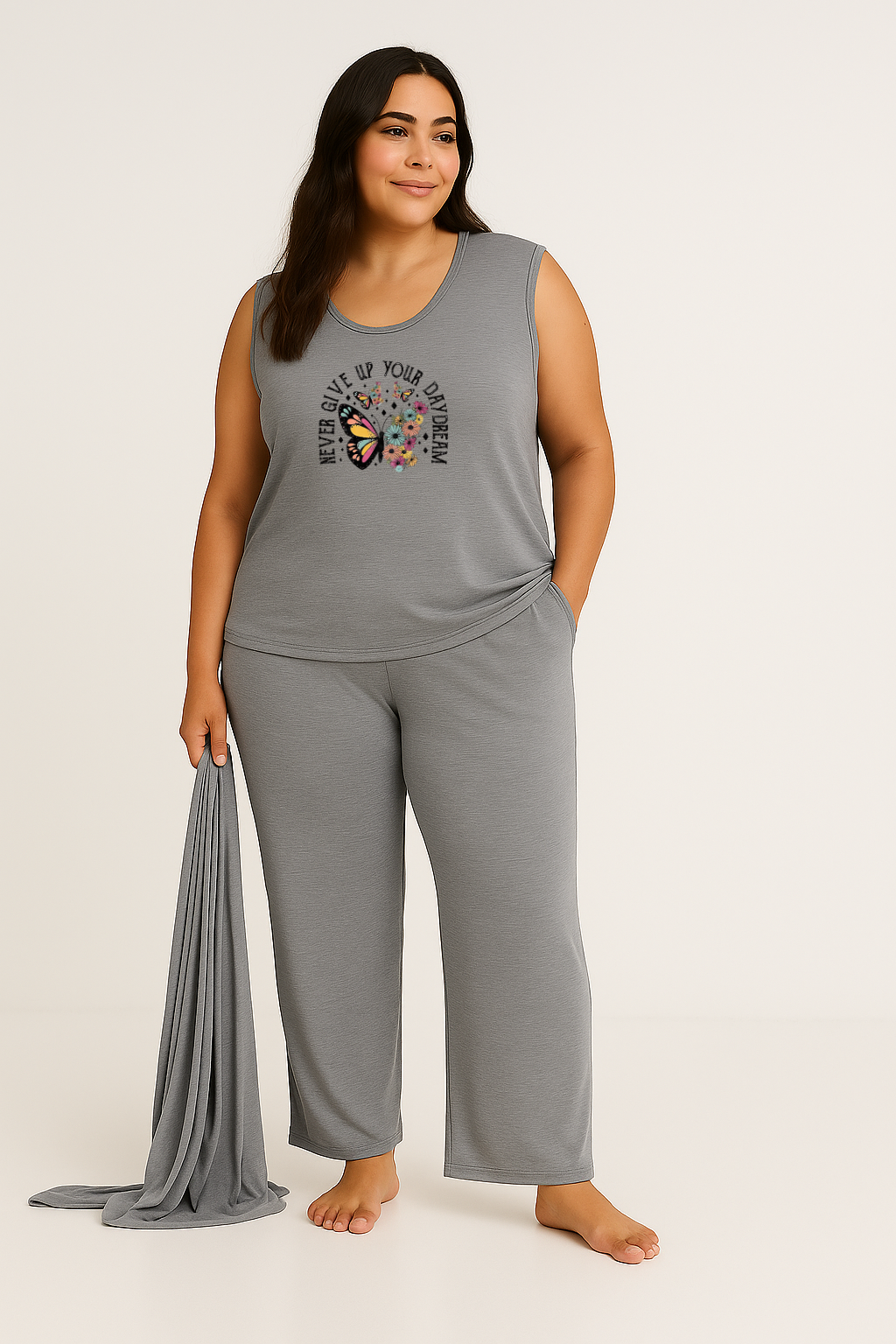 Women’s 3 Piece Nightwear Lounge Set with Never Giveup Print | Plus Size Loungewear
