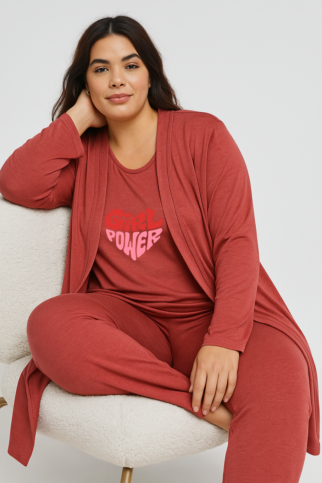 Women’s 3 Piece Nightwear Lounge Set with Girl Power Print | Plus Size Loungewear