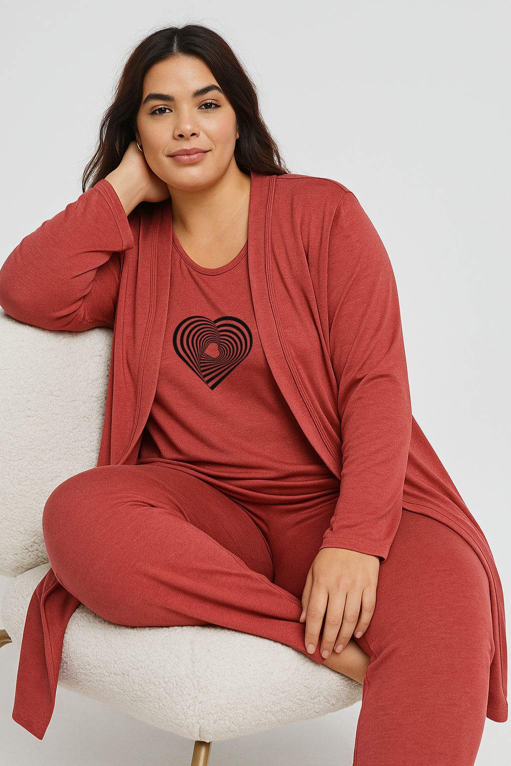 Women’s 3 Piece Nightwear Lounge Set with Gemetrical Heart Print | Plus Size Loungewear