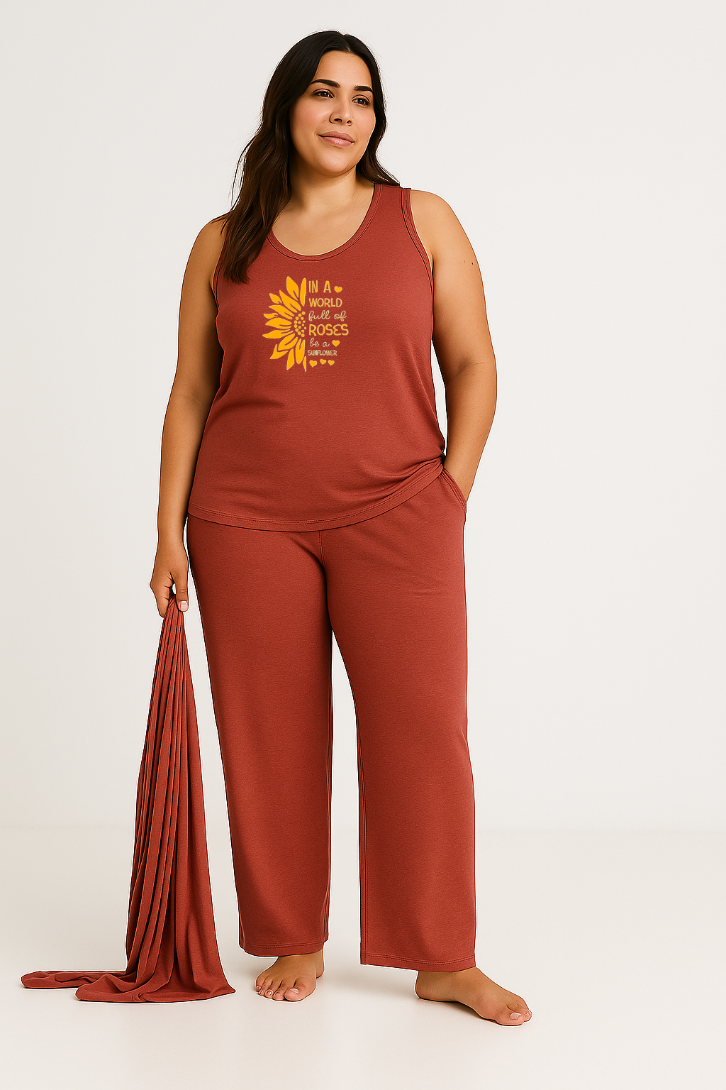 Women’s 3 Piece Nightwear Lounge Set with Sun Roses Print | Plus Size Loungewear