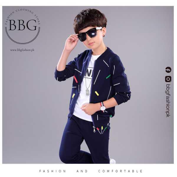 Kids Blue Printed Zipper with Warm Black Trouser ( 3 Piece )