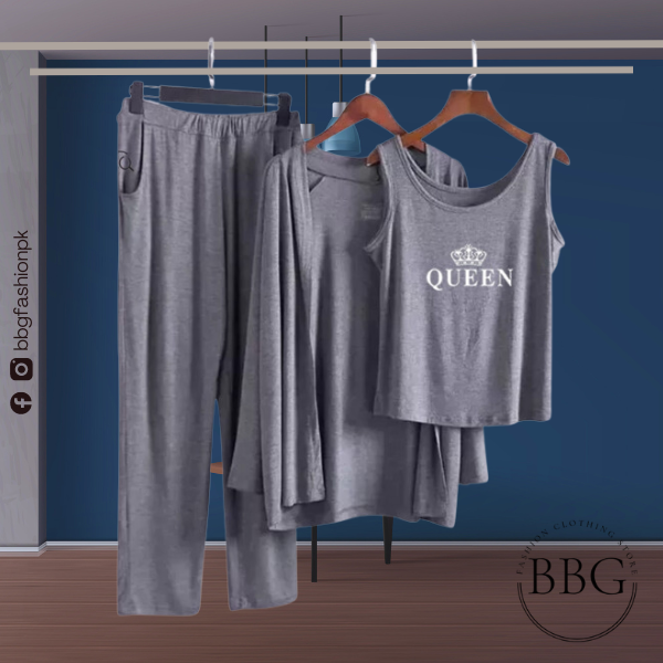 Queen Grey Long Sleeve Women Night Suit PJ Set 3 Pieces