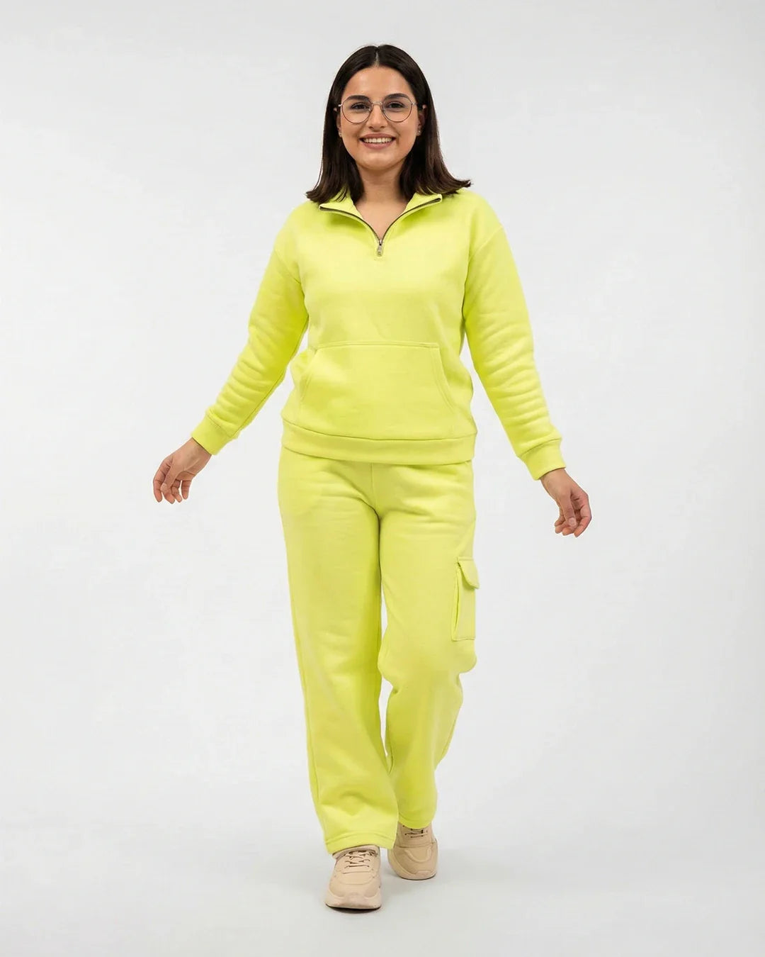Women Quarter Zip Fleece Co-Ord Set – Lime Green