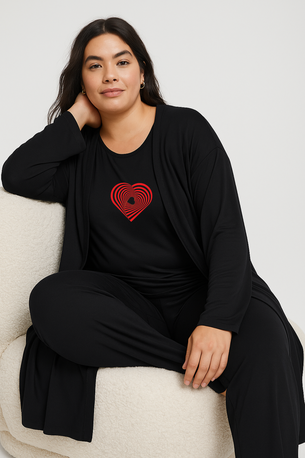 Women’s 3 Piece Nightwear Lounge Set with Gemetrical Heart Print | Plus Size Loungewear