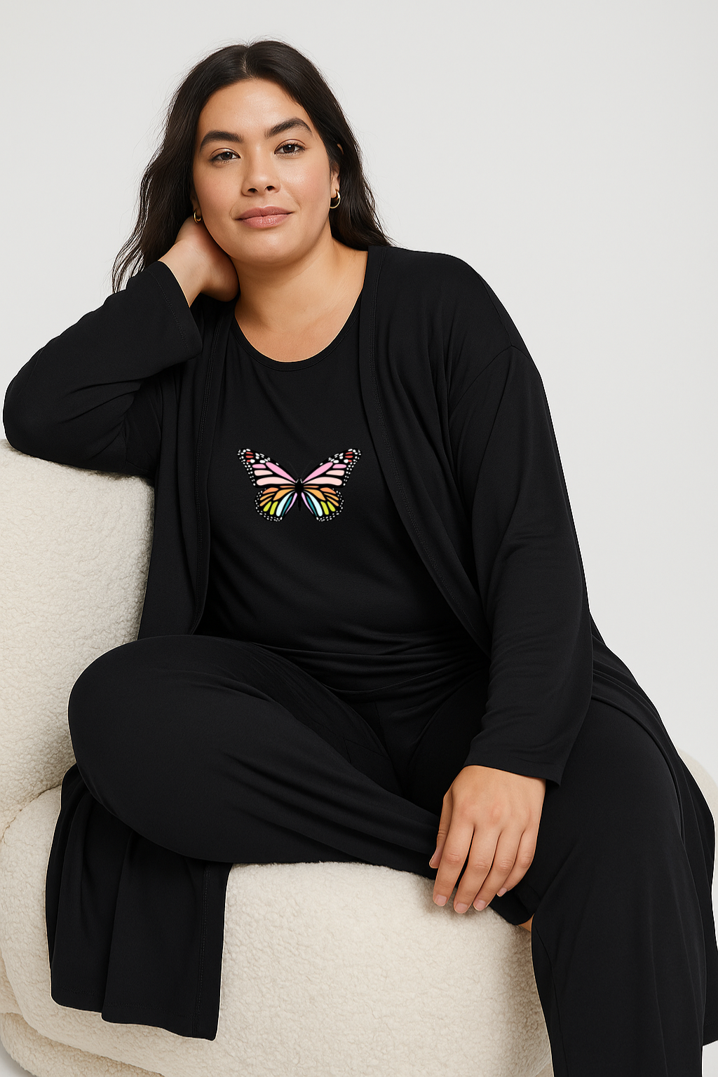 Women’s 3 Piece Nightwear Lounge Set with Rainbow Butterfly Print | Plus Size Loungewear