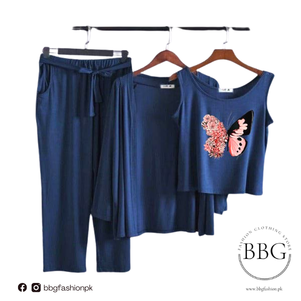 Pink Butterfly Women Night Suit PJ 3 Pieces Set