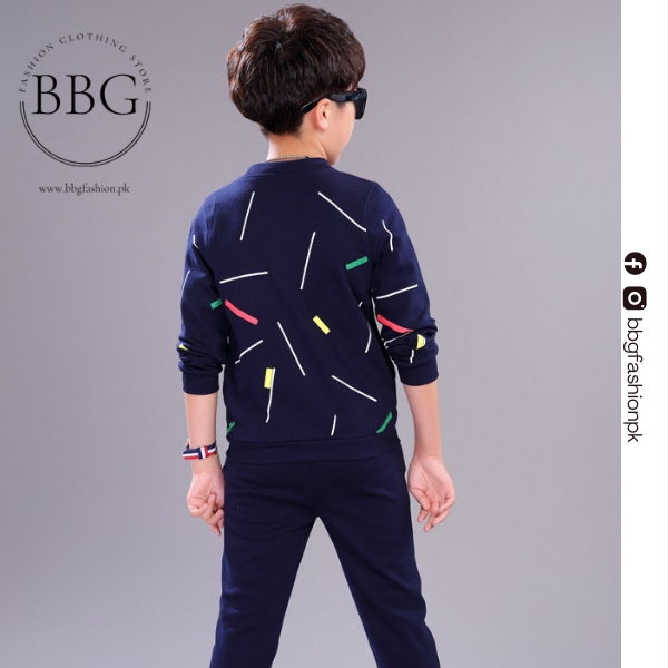 Kids Blue Printed Zipper with Warm Black Trouser ( 3 Piece )