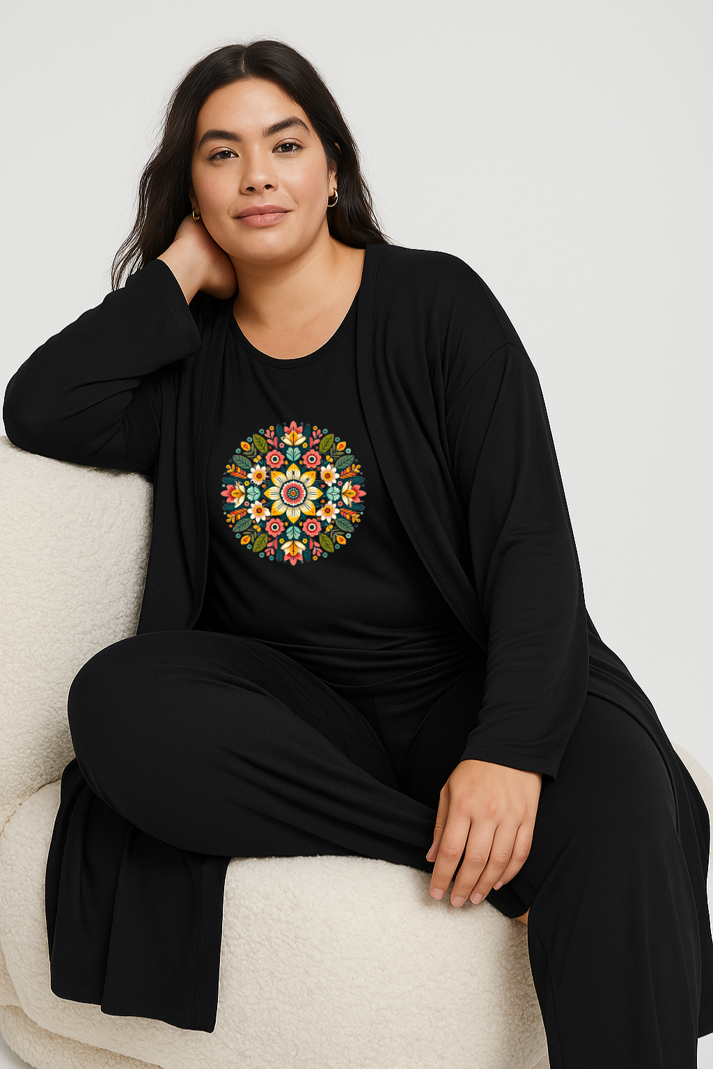 Women’s 3 Piece Nightwear Lounge Set with Multi Pattern Print | Plus Size Loungewear