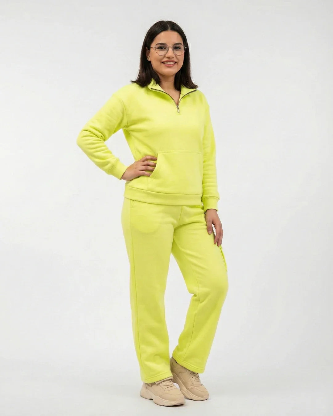 Women Quarter Zip Fleece Co-Ord Set – Lime Green