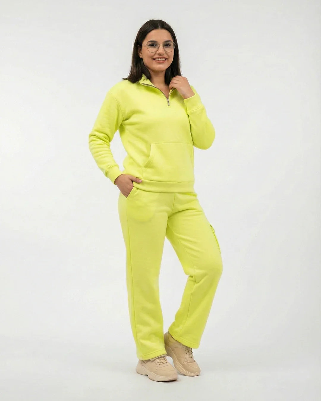 Women Quarter Zip Fleece Co-Ord Set – Lime Green