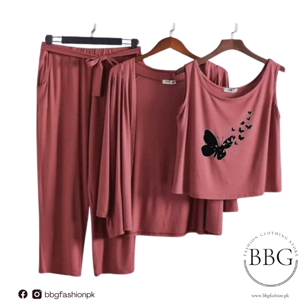Flying Butterfly Women Night Suit PJ 3 Pieces Set