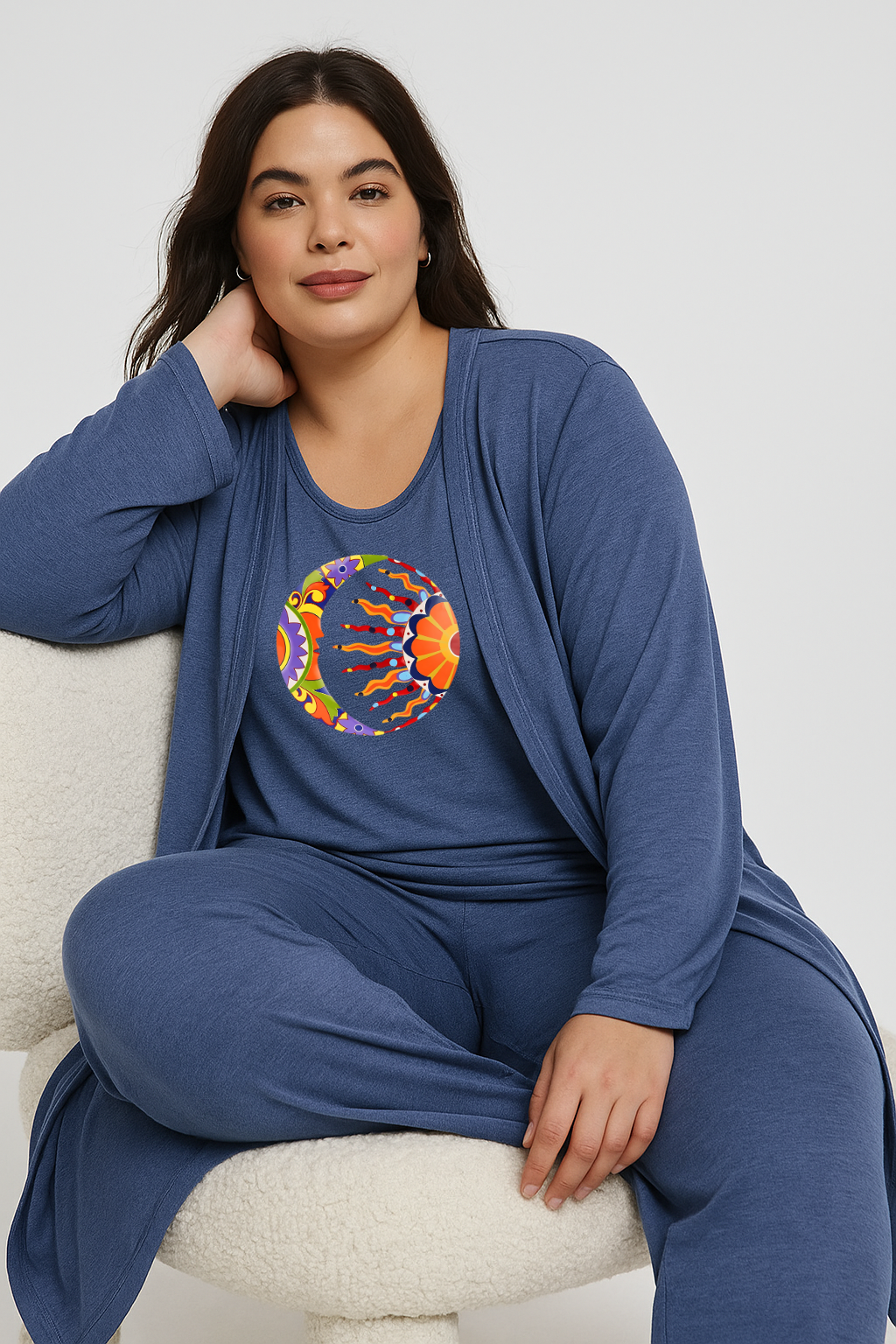Women’s 3 Piece Nightwear Lounge Set with Moon &amp; Sun Print | Plus Size Loungewear