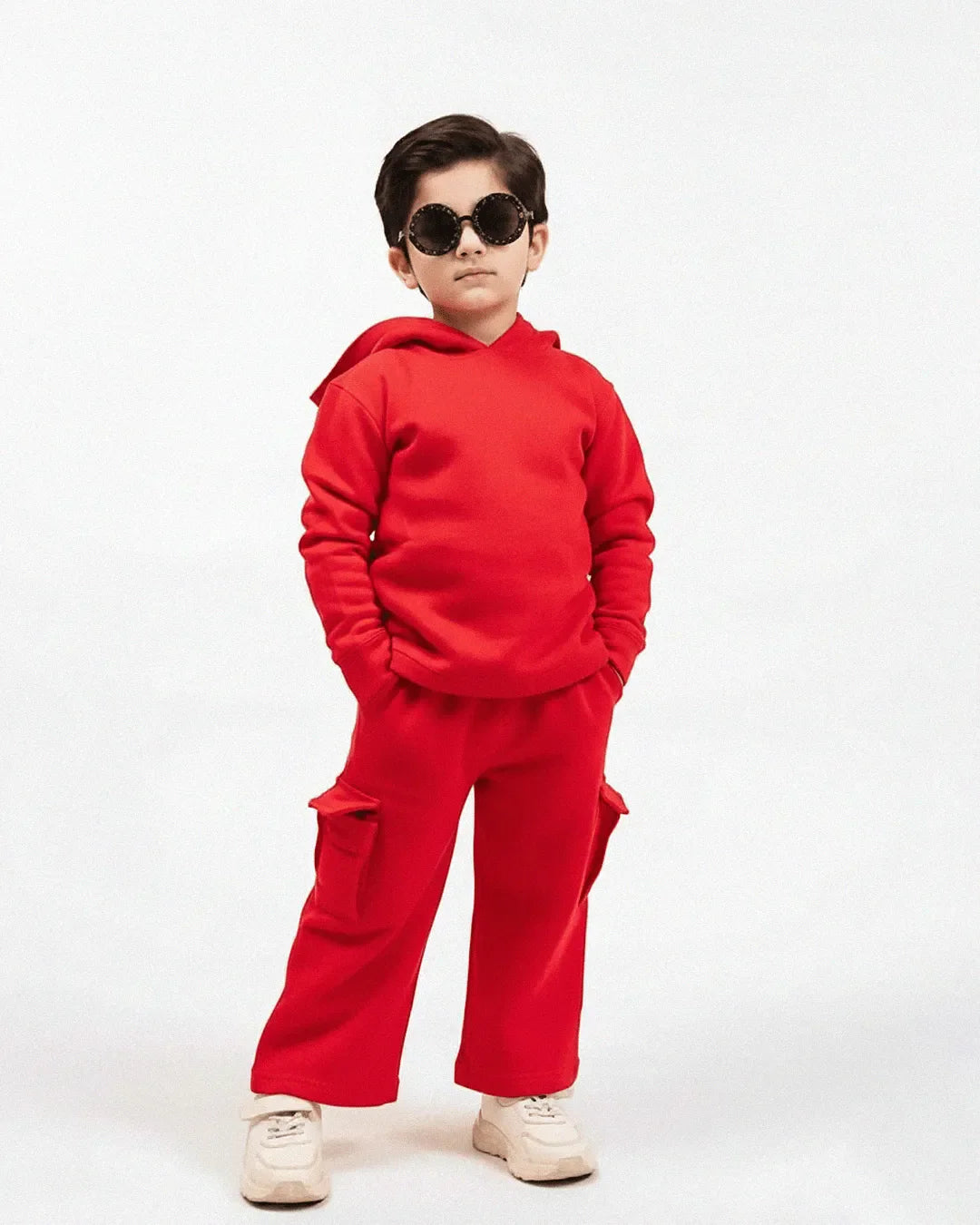 Kids Premium Red Fleece Cargo Tracksuit | Unisex