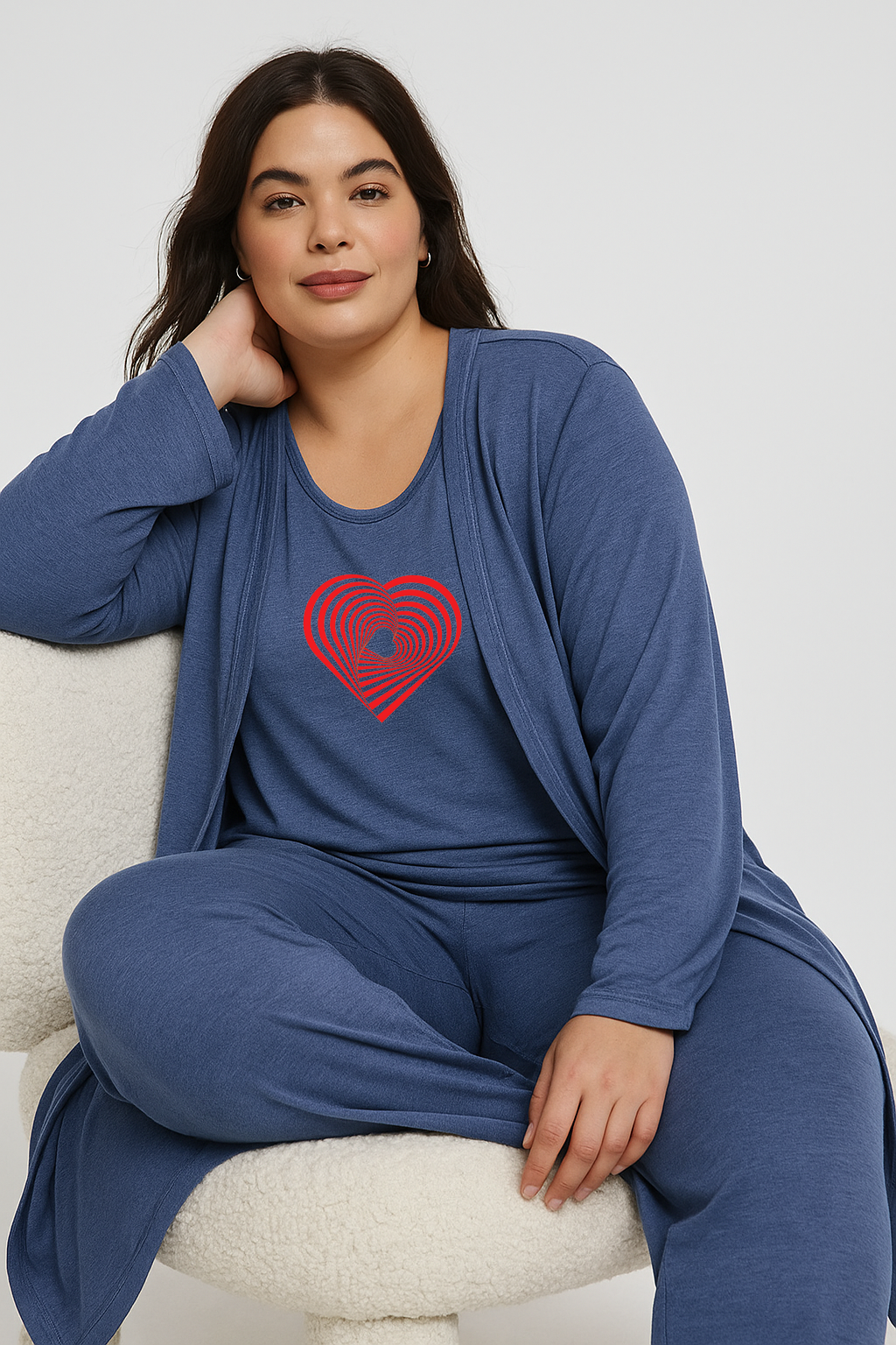Women’s 3 Piece Nightwear Lounge Set with Gemetrical Heart Print | Plus Size Loungewear