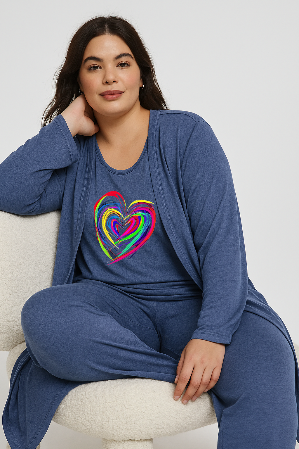 Women’s 3 Piece Nightwear Lounge Set with Neon Heart Print | Plus Size Loungewear