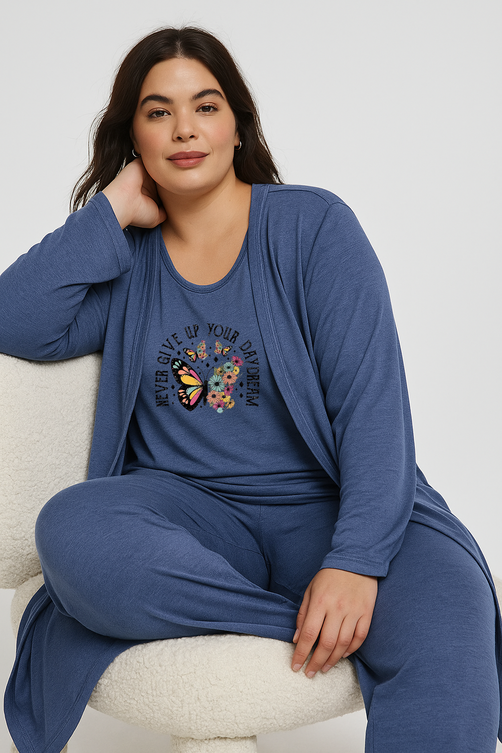 Women’s 3 Piece Nightwear Lounge Set with Never Giveup Print | Plus Size Loungewear