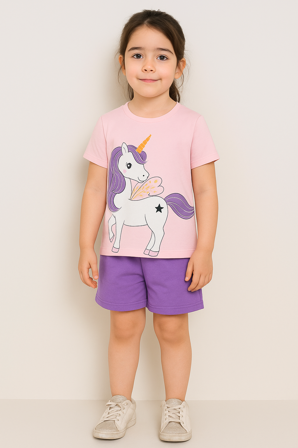 Pink Purple Unicorn Print Short-sleeve Tee & Shorts Set