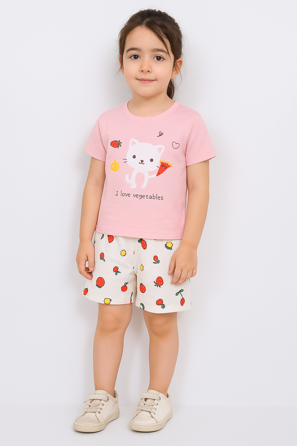 Cute Pink Cat & Veggie Print Toddler Outfit – 2-Piece Set
