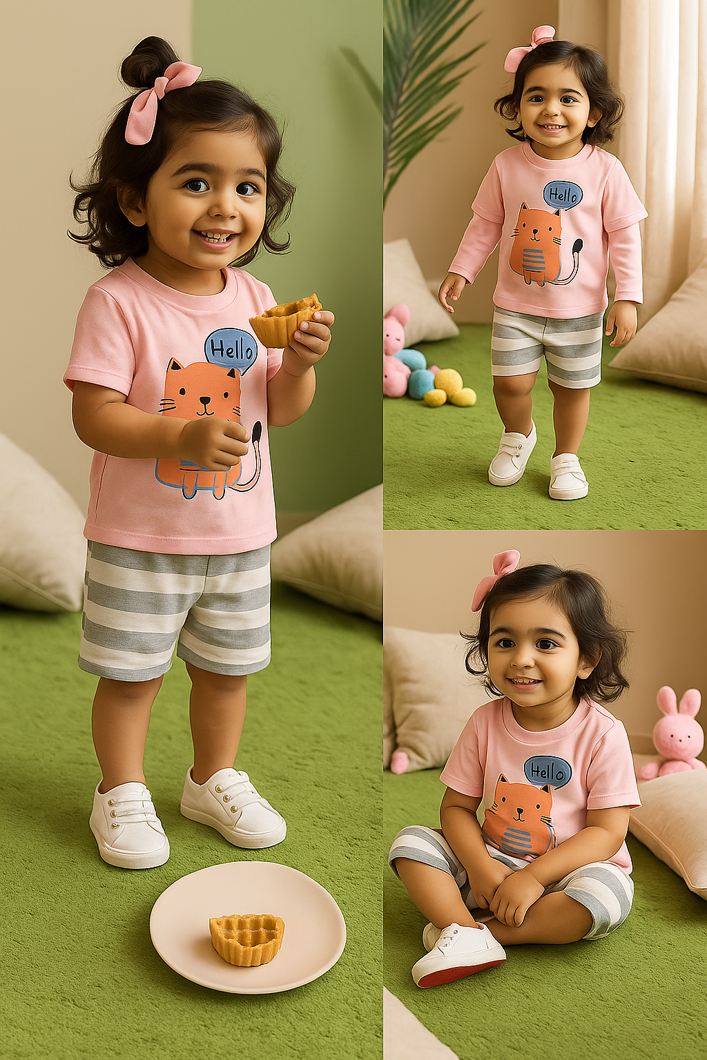 Hello Cat T-Shirt & Striped Shorts Set for Toddlers