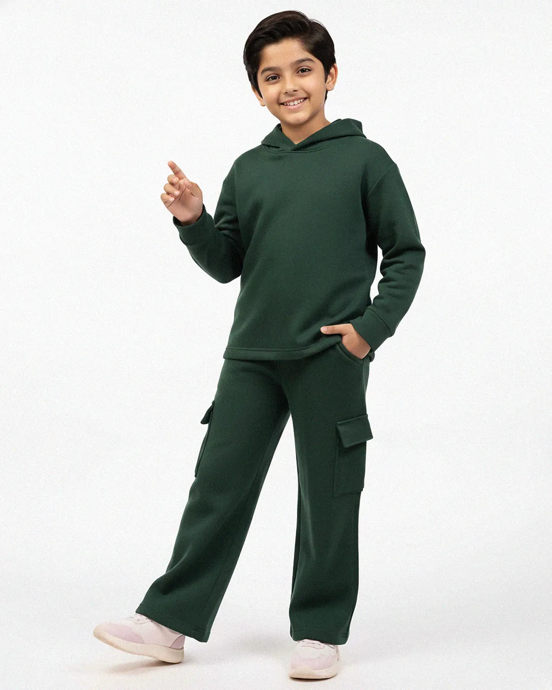 Kids Premium Fleece Cargo Hoodie & Wide-Leg Trouser Set – Forest Green