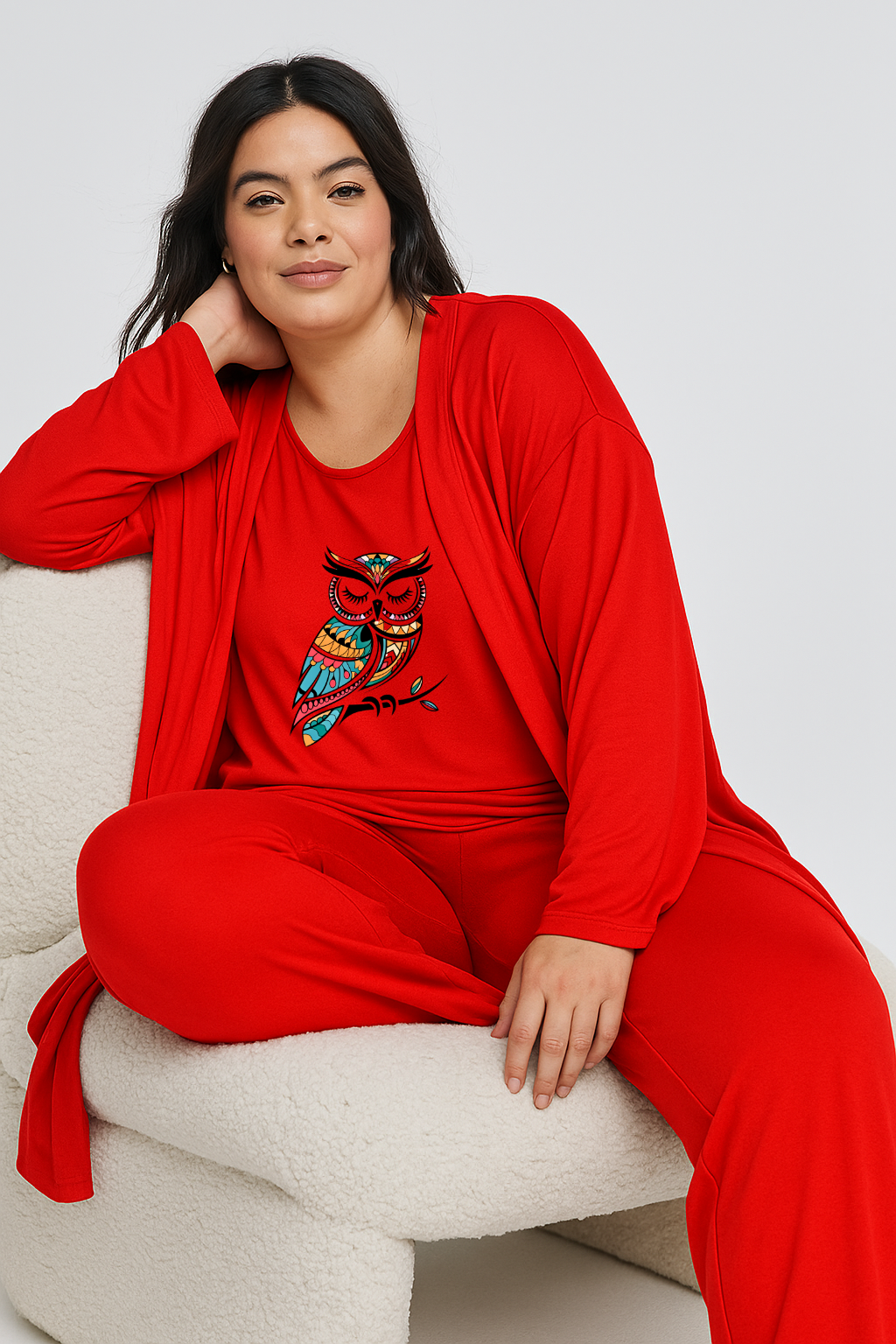 Women’s 3 Piece Nightwear Lounge Set with Owl Print | Plus Size Loungewear