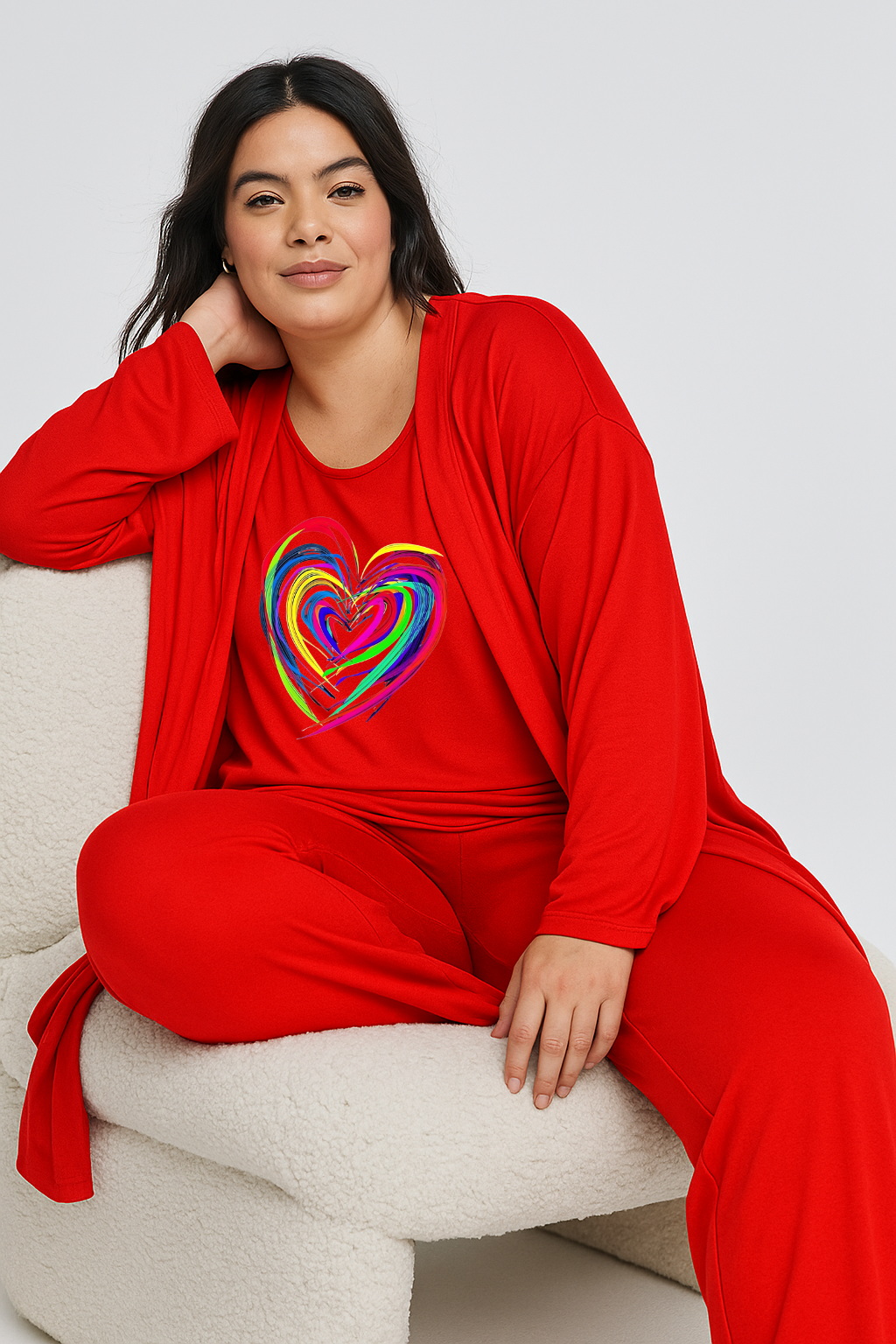 Women’s 3 Piece Nightwear Lounge Set with Neon Heart Print | Plus Size Loungewear