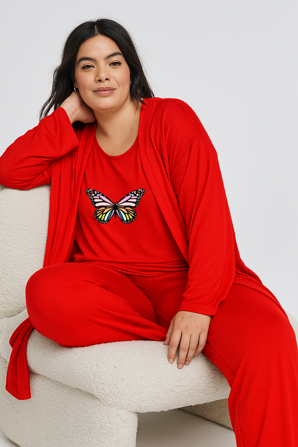 Women’s 3 Piece Nightwear Lounge Set with Rainbow Butterfly Print | Plus Size Loungewear