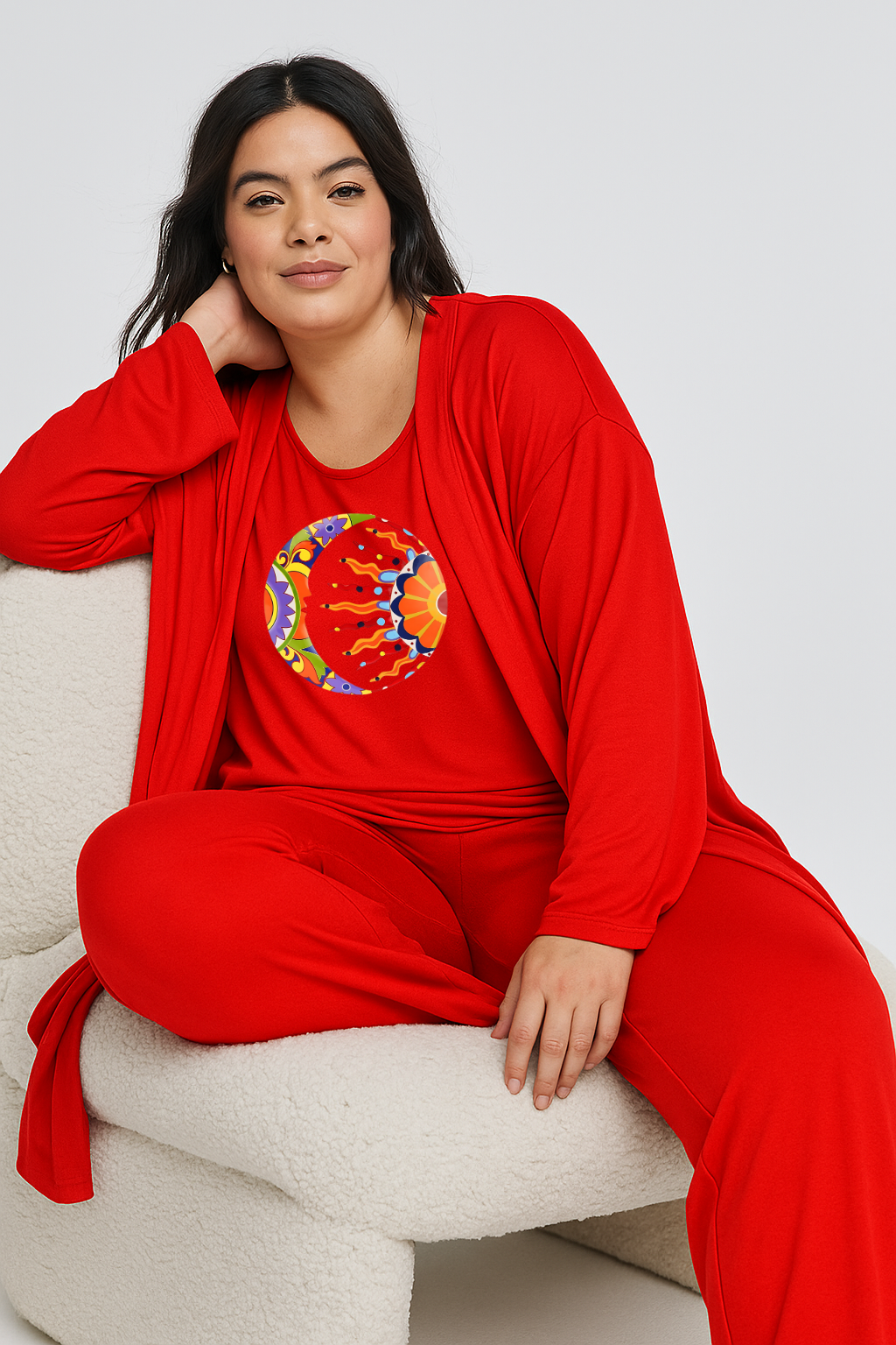 Women’s 3 Piece Nightwear Lounge Set with Moon &amp; Sun Print | Plus Size Loungewear