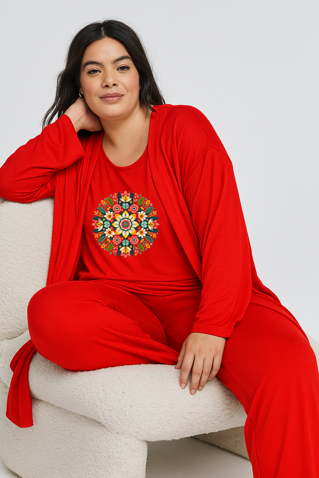 Women’s 3 Piece Nightwear Lounge Set with Multi Pattern Print | Plus Size Loungewear