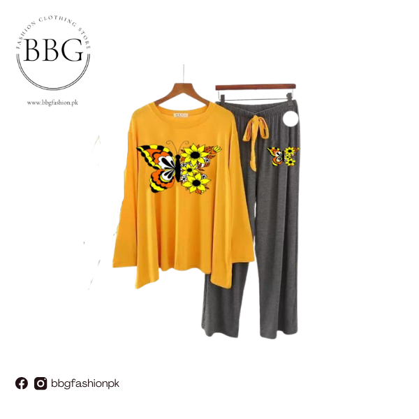 Yellow Colored Butterfly Lady Printed Loungewear