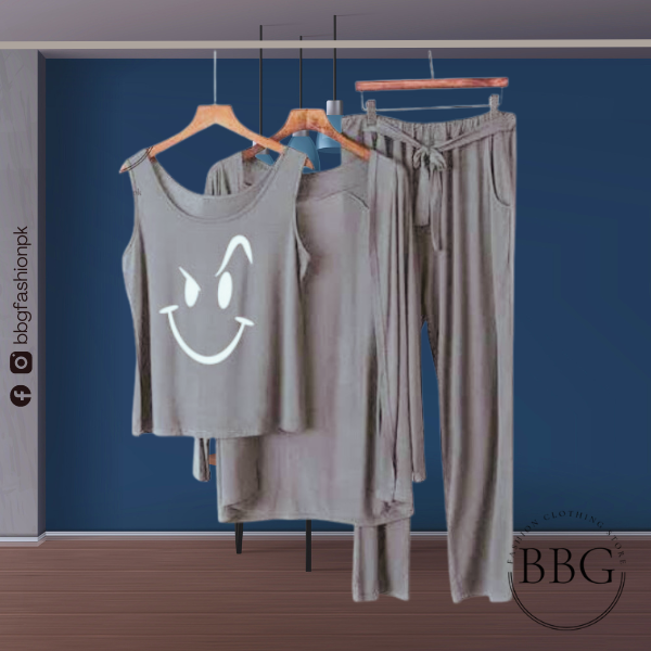 Grey White Smile Women Night Suit PJ 3 Pieces Set