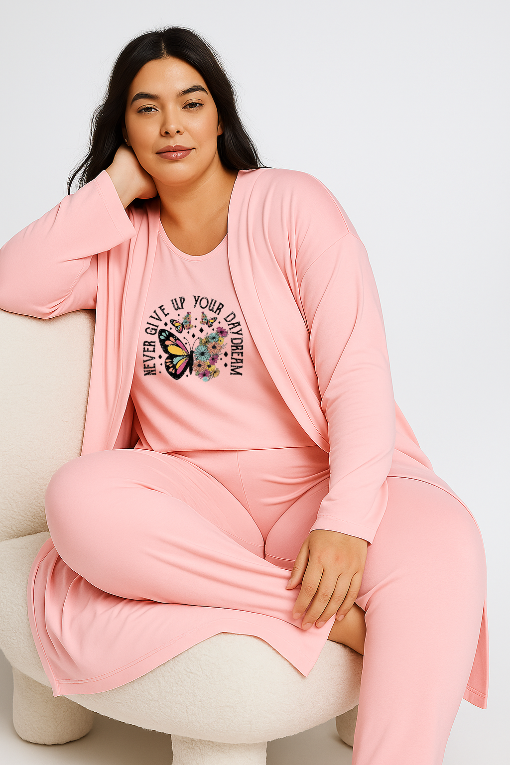 Women’s 3 Piece Nightwear Lounge Set with Never Giveup Print | Plus Size Loungewear