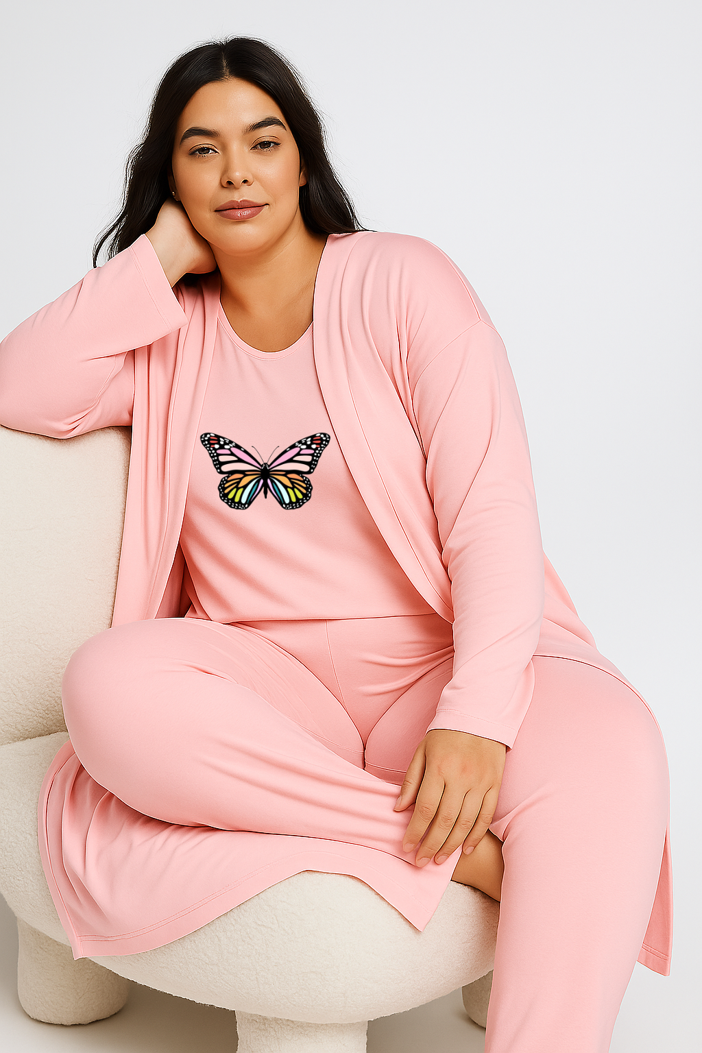 Women’s 3 Piece Nightwear Lounge Set with Rainbow Butterfly Print | Plus Size Loungewear