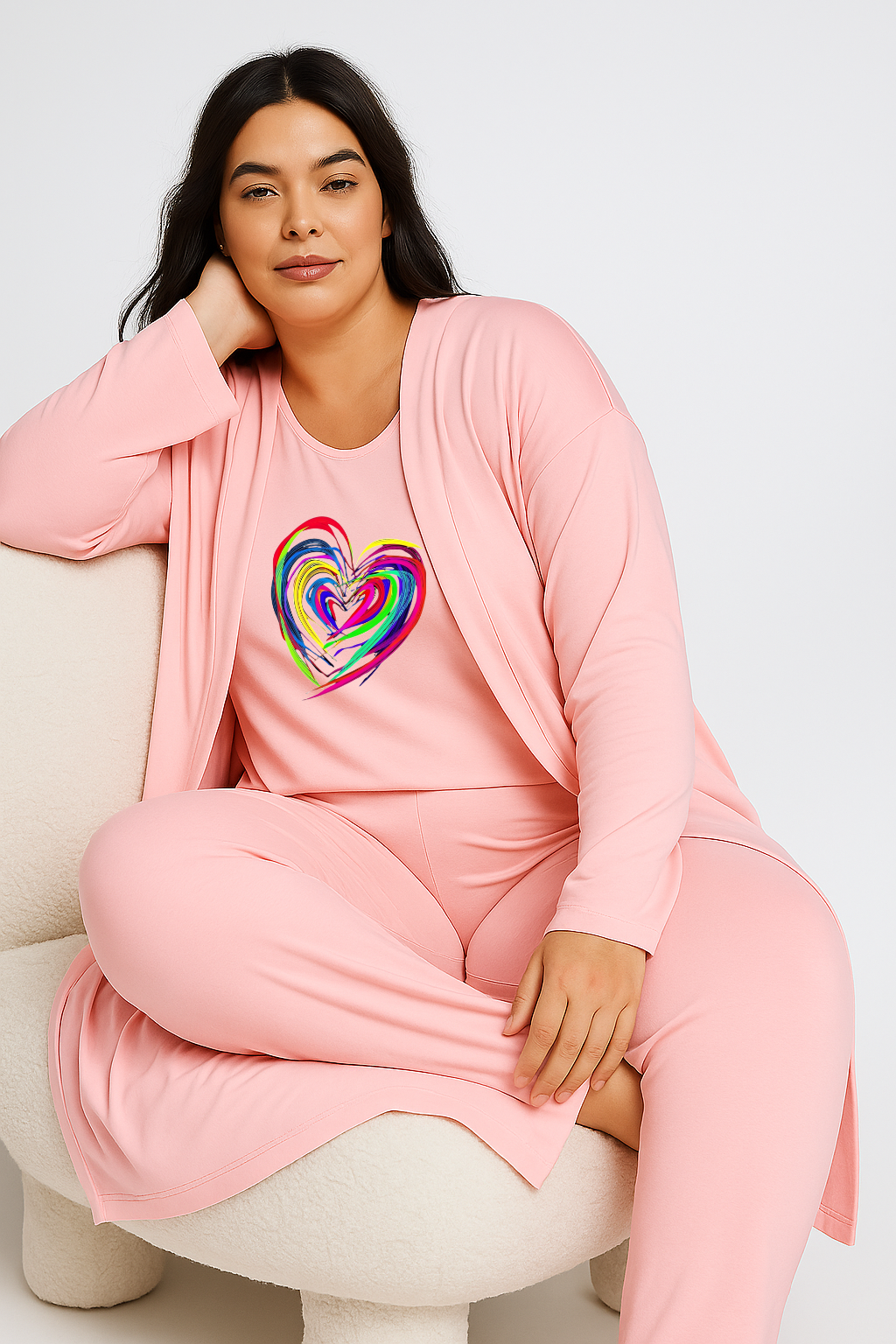 Women’s 3 Piece Nightwear Lounge Set with Neon Heart Print | Plus Size Loungewear