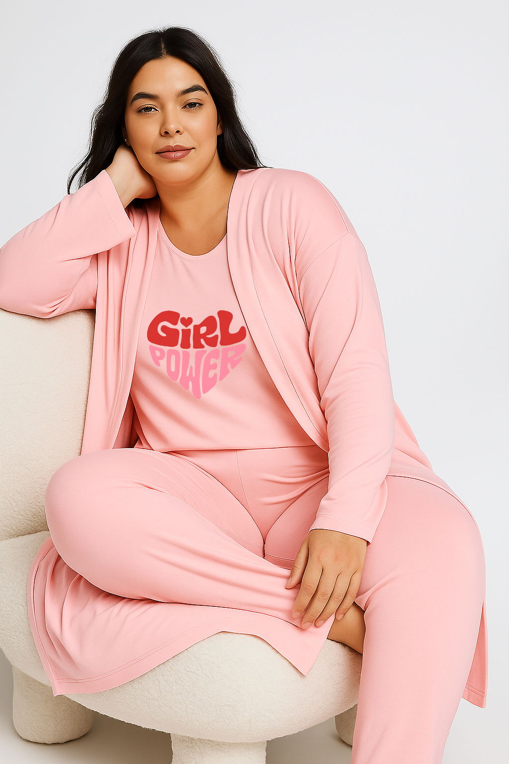 Women’s 3 Piece Nightwear Lounge Set with Girl Power Print | Plus Size Loungewear