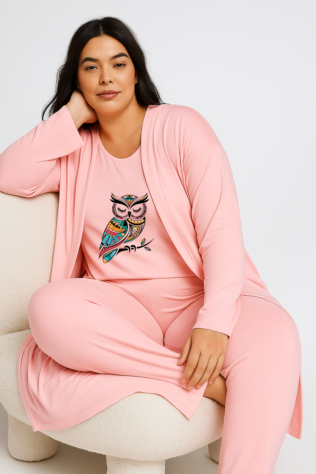 Women’s 3 Piece Nightwear Lounge Set with Owl Print | Plus Size Loungewear