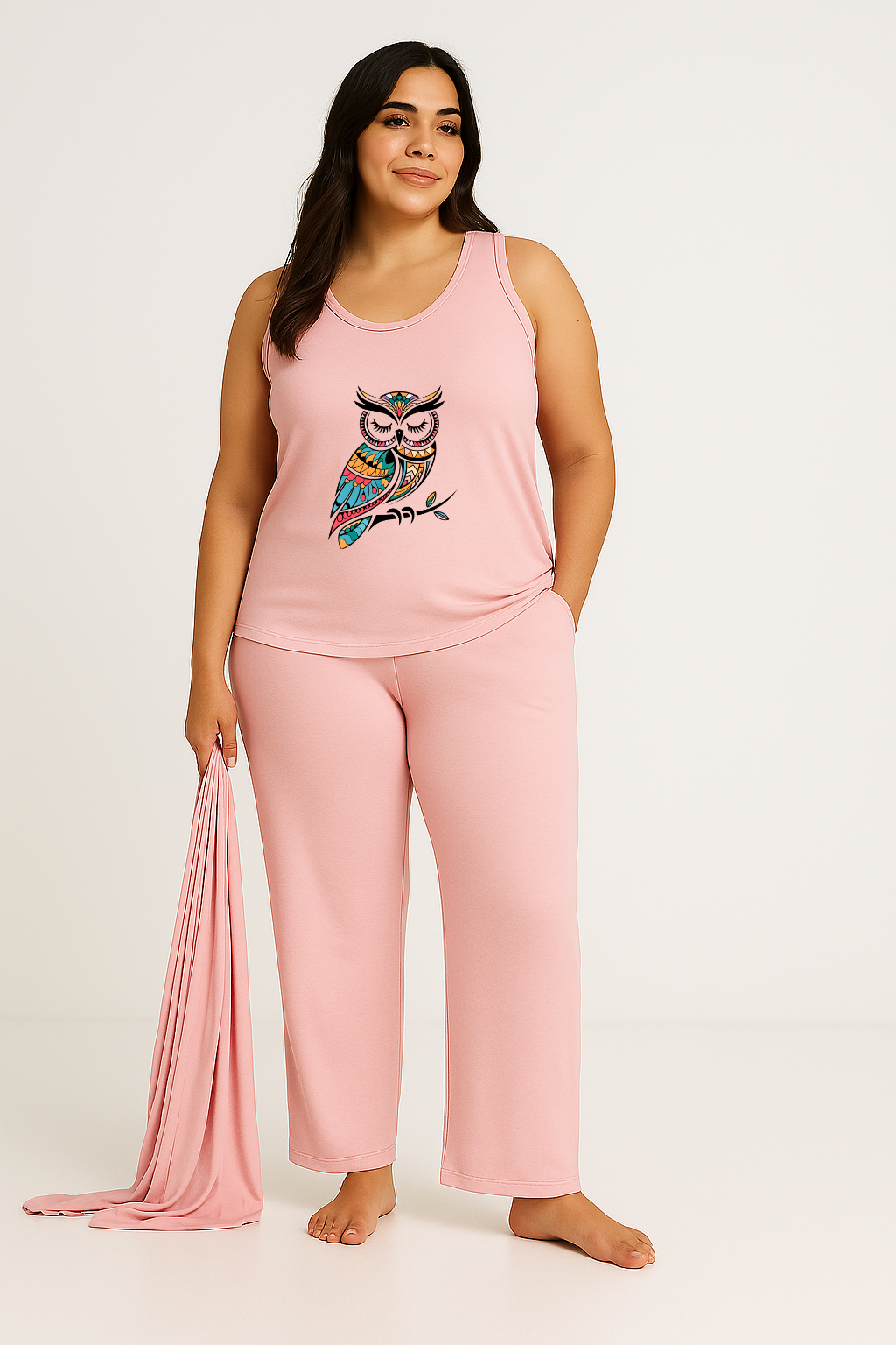 Women’s 3 Piece Nightwear Lounge Set with Owl Print | Plus Size Loungewear