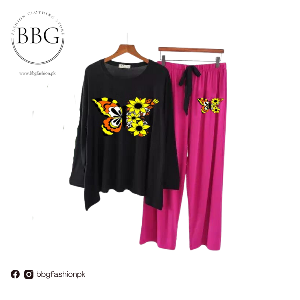 Black Colored Butterfly Lady Printed Loungewear
