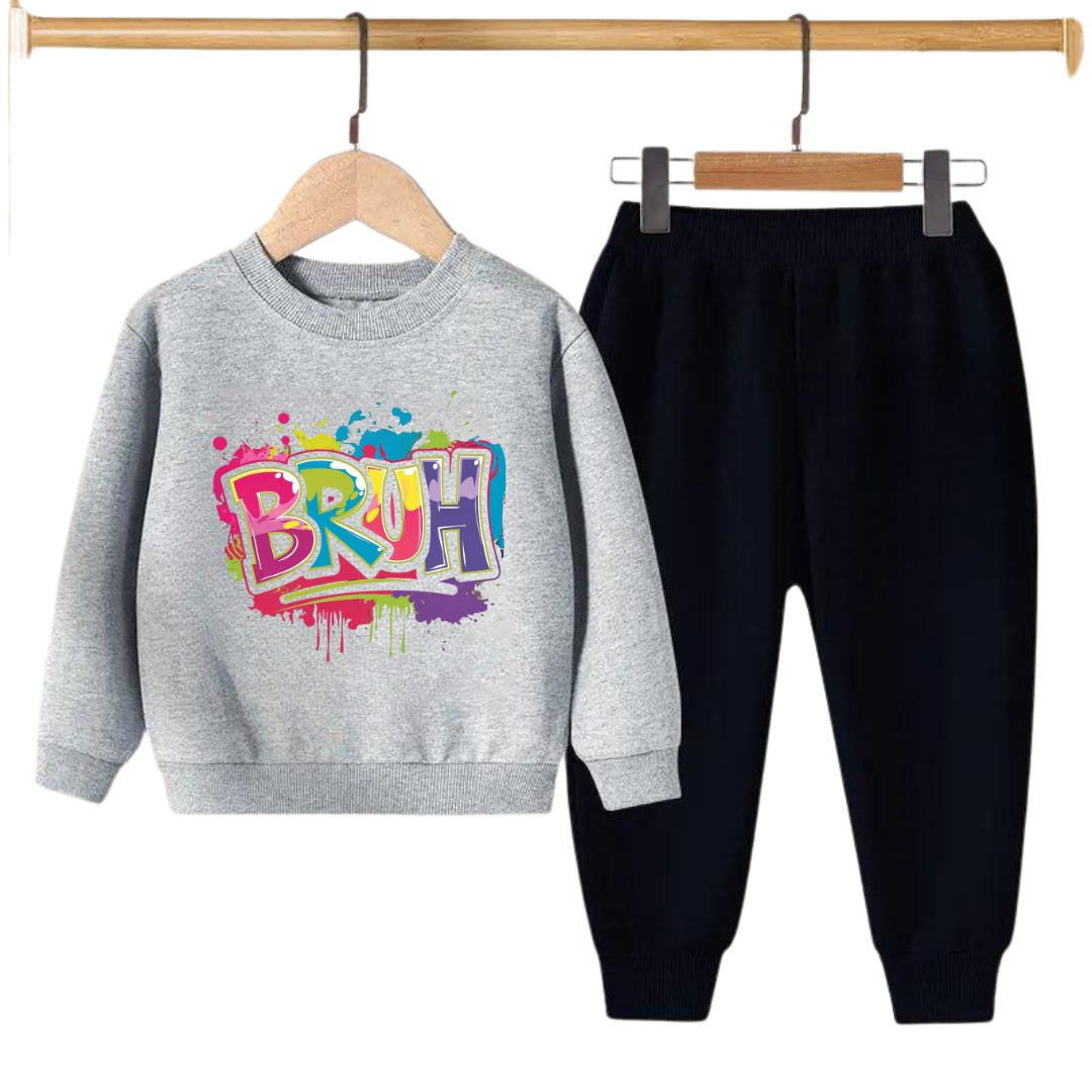 BRUH Graffiti Print Kids Sweatshirt & Jogger Set – Winter Tracksuit for Boys & Girls