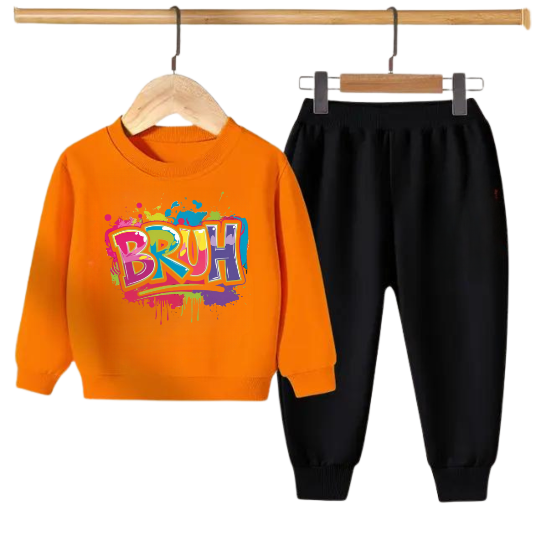 BRUH Graffiti Print Kids Sweatshirt & Jogger Set – Winter Tracksuit for Boys & Girls