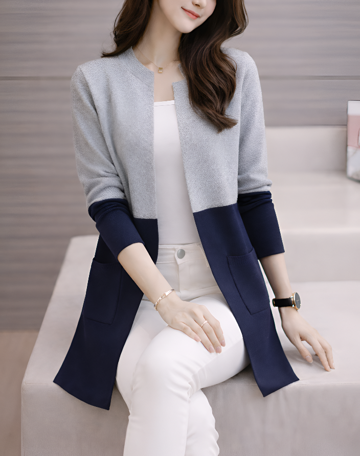 Blue Contrast Long Sleeve Fashion Cardigan Sweater